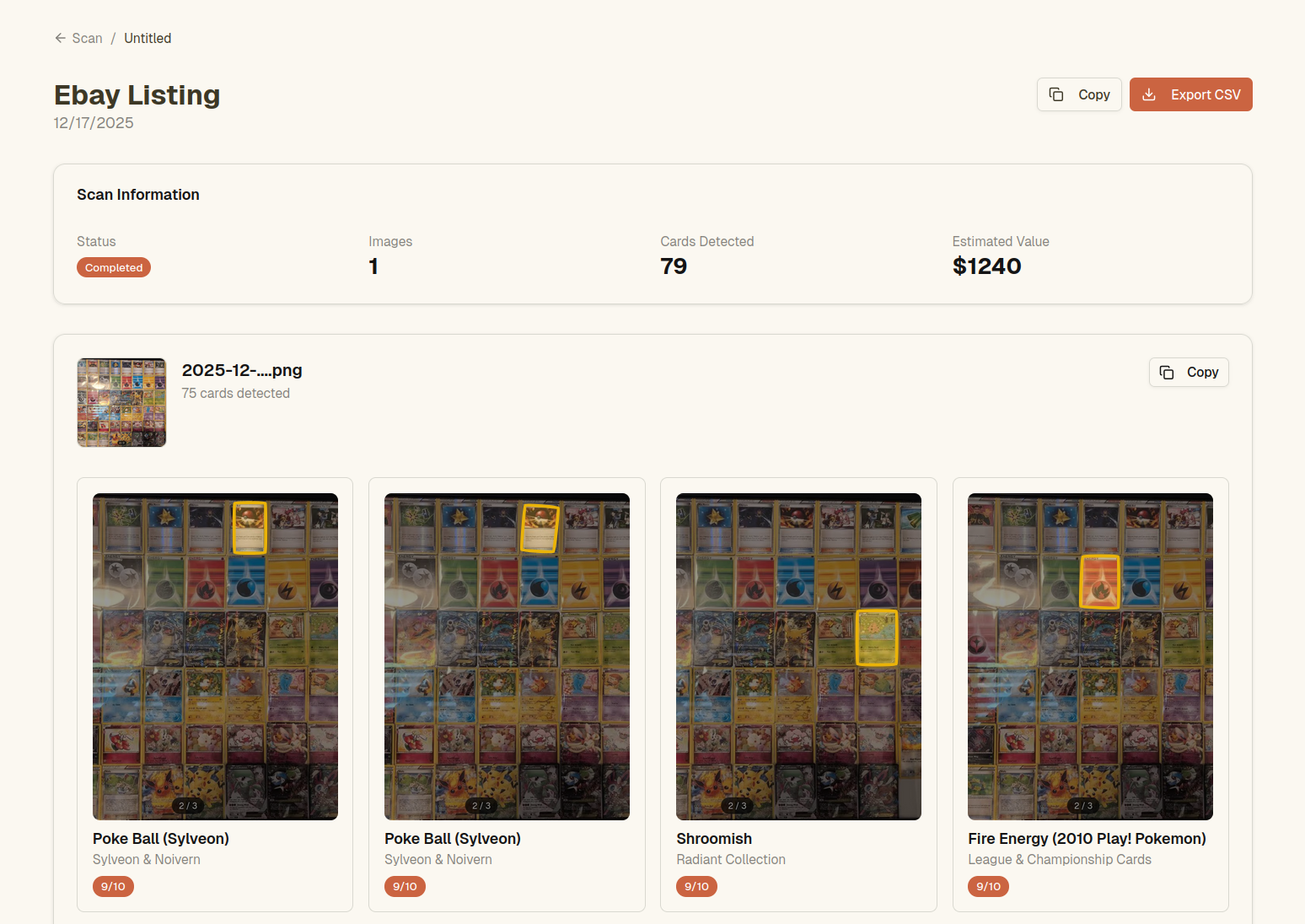 Scan results page showing detected cards